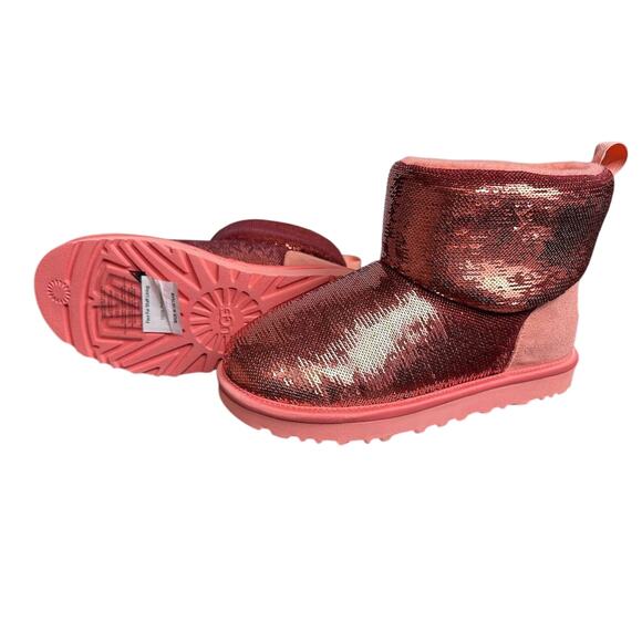 UGG Women's Classic Mini Mirror Ball Boots Pink Sequin Ankle Booties Size 8 - Picture 2 of 10